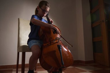 Genç bir kız sessiz bir odada çello çalıyor. Yumuşak, odaklanmış ışıkla aydınlatılıyor. Atmosfer, konsantrasyon, müzik tutkusu ve kapalı alanda sakin bir ortam sağlar..