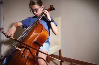Genç bir öğrenci evde çello çalışırken yoğun bir şekilde odaklanır. Doğal ışık, güzel cilalanmış enstrümanı ve gençliğin müzik becerilerinde ustalaşmasını vurgular..