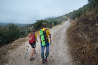 Genç çift, köpekleriyle birlikte dağlık arazide yürüyüş direkleri ile yürüyüş yapıyor. Etrafı yeşilliklerle çevrili sakin bir atmosfer, doğanın güzelliğini gözler önüne seriyor ve etkin bir yaşam tarzını teşvik ediyor..