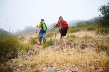 Uzun otlar ve kayalık arazilerle çevrili puslu bir dağ yolunu keşfeden iki yürüyüşçü aktif bir yaşam tarzı ve doğa ile uyum içinde..