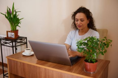 Konforlu bir ofiste dizüstü bilgisayarla uzaktan çalışan bir kadın. Bitkilerin ve kahvenin olduğu rahat bir atmosferin tadını çıkarıyor, rahatlık ve verimliliği somutlaştırıyor..