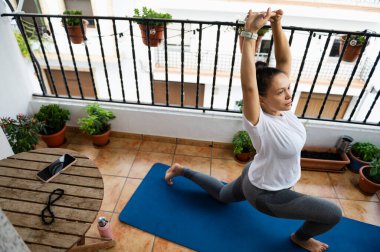 Bir kadın balkonda çeşitli bitkiler ve mavi bir hasırla yoga pozu veriyor, dingin ve huzurlu bir yaşam tarzını teşvik ediyor, farkındalık, fiziksel zindelik ve refah üzerine odaklanıyor..