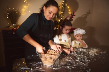 Mutlu bir anne, Noel için sıcak dekore edilmiş bir evde zencefilli ekmek hamuru ve şekerlemeleri karıştıran iki çocuğa rehberlik eder. Peri ışıkları parlıyor, un masanın tozunu alıyor ve festival beklentisi sahneyi dolduruyor. Bir aile anı, pişirme, birliktelik,