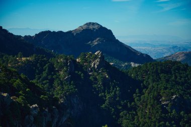 Geniş dağ manzarasında engebeli tepeler, gür çam ağaçları ve açık mavi gökyüzünün altında derin vadiler bulunur. Doğa, seyahat ve açık hava macera temaları için ideal.