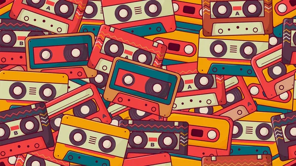 Retro Cassette Tape 70S 80S 90S Seamless Pattern Doodle Style — Stock Vector