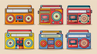 Boombox Retro Radio Kaset seti 70 'lerin 90' ların Doodle stiliyle