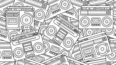 Retro Radyo Kaset Kasetçalar 70 'lerin 80' lerin Kusursuz Şablonu Doodle tarzında. Moda Yazdırma, Kumaş Yazdırma, Paket Kağıdı, Duvar Kağıdı Tasarımı vb.