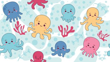 Ahtapot Kawaii Doodle stilinde kusursuz desen.