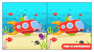 Denizaltı 10 farklılık bul, Çocuk Oyunu Eğitimi. Vektör Karikatür Biçimi