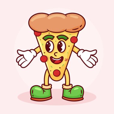 Pizza Retro Çizgi Film Maskotu İllüstrasyonu. El Çekimi Fast Food