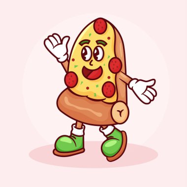 Pizza Retro Çizgi Film Maskotu İllüstrasyonu. El Çekimi Fast Food