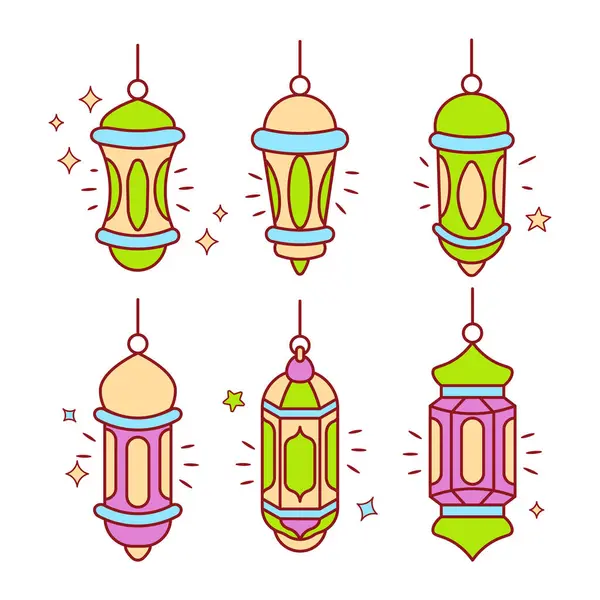 Set Linterna Colgante Islámica Doodle Diseño Elementos Dibujos Animados — Archivo Imágenes Vectoriales