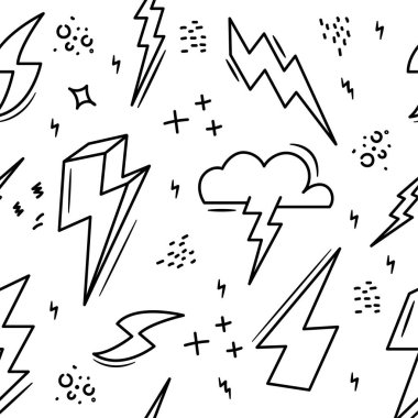 Thunderbolt Doodle Kusursuz Düzen. Vektör Yıldırım Eli Beyaz Arkaplanda izole edildi. Paket Kağıdı, Tekstil, Kumaş Etkisi için kullanılacak