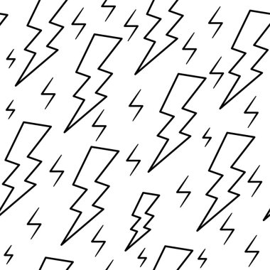 Thunderbolt Doodle Kusursuz Düzen. Vektör Yıldırım Eli Beyaz Arkaplanda izole edildi. Paket Kağıdı, Tekstil, Kumaş Etkisi için kullanılacak