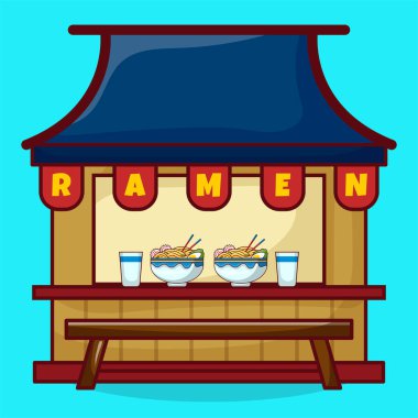 Ramen Erişte Standı Çizgi Film Simgesi İllüstrasyonu. Sokak Gıda Simgesi Konsepti
