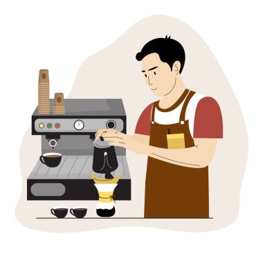 Cafe 'de müşteriler için kahve dolduran adamın resmi. Sade kahve ve Espresso yapıyorum..