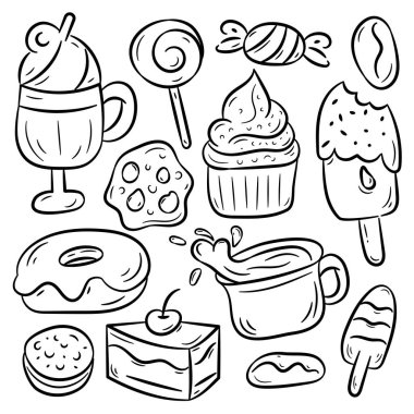 Taslak çizimli el yapımı Sweet Foods koleksiyonu. Tatlı Tadlı Tatlı Kek