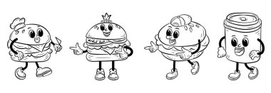 Taslak çizimde Burger Groovy çizgi film maskotu seti. El yapımı Fast Food veya Junk Food Doodle Style