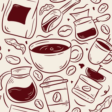 Kahveli Kek Şekersiz Şablon. Kahve Fasulyesi El Çizimi Deseni  