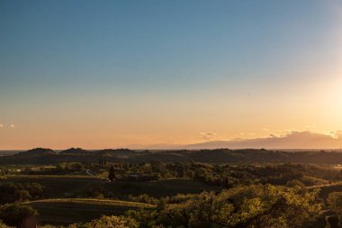 Rosazzo, Udine, Friuli Venezia-Giulia üzüm bağlarında renkli günbatımı