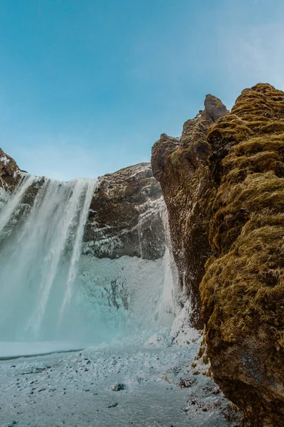 Снег Лёд Водопада Скогафосс Исландии — стоковое фото