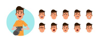 Farklı yüz ifadeleri olan genç bir fotoğrafçı. Özel animasyon, hareket veya başka bir şey için karakter dudak senkronizasyonu ifade sayfası.