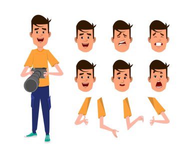 Farklı yüz ifadeleri ve el pozları olan genç fotoğrafçı karakteri. Tasarımınız, animasyonunuz, hareketiniz ya da başka bir şey için animasyon karakter sayfası.