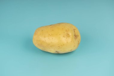 Kabuğu soyulmamış tek bir patates, temiz mavi bir arkaplanda yatıyor. Görüntü, mutfak, beslenme veya tarım görselleri için uygun basitlik ve gıda temaları vurguluyor.