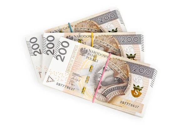 200 Zloti Lik Banknotlar Üst Görünüm Beyazda Izole Edilmiş Kırpma — Stok fotoğraf