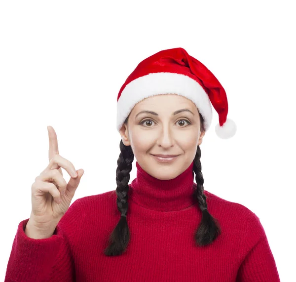Girl Santa Hat Her Finger Point Isolated White Background Successful 图库照片