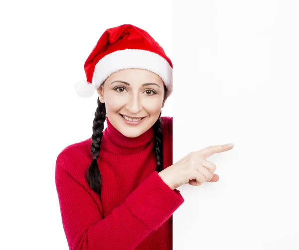 Girl Santa Hat Pointing Her Finger Banner Isolated White Background — Zdjęcie stockowe