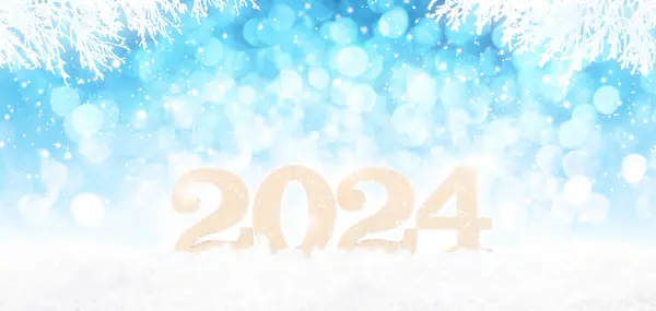 Деревянные 2024 Номера Перспективе Ярко Голубом Боке Зимний Фон Белыми — стоковое фото
