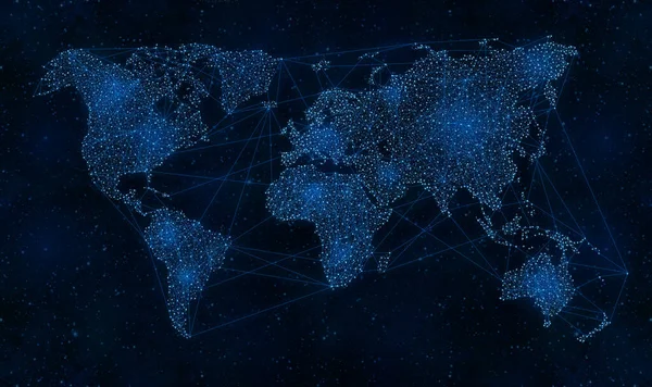 ナイトスカイユニバース グローバルネットワークとコミュニケーションのコンセプトに関するワールドマップ ストックフォト