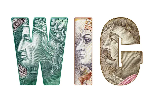 Wig ワルシャワ証券取引所のインデックス 白い背景に分離されたポーランドの紙幣で作られたテキスト ストック画像