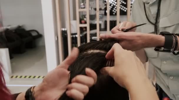 Close Hairdresser Hands Cutting Hair Scissors Comb — Stock Video