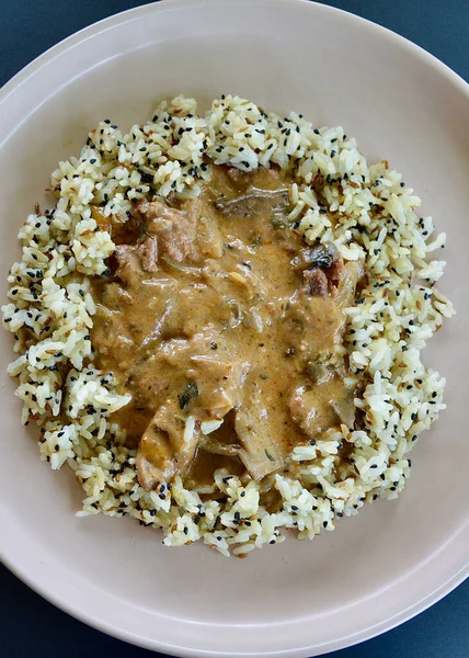 stock image Beef Stroganoff with rice on a plain background