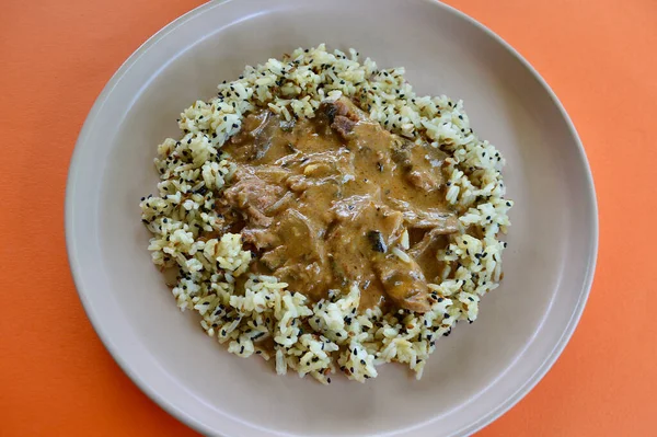 stock image Beef Stroganoff with rice on a plain background