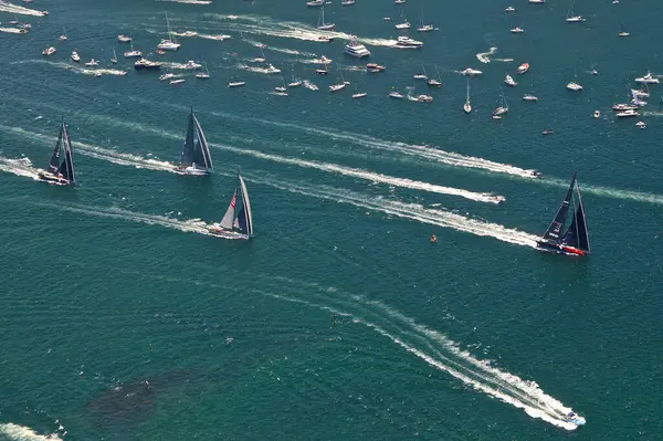 stock image Comanche and Wild Oats lead in the early stages of the Sydney to Hobart Yacht Race 2014.