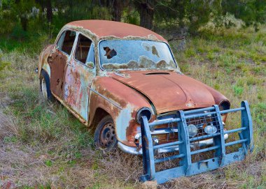 Tarlada terk edilmiş eski bir araba.