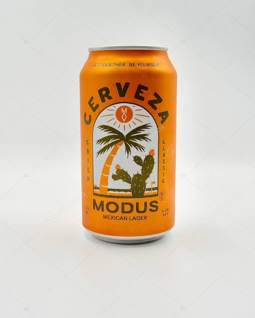 Sydney, Australia. April 2025. A closeup of a can of Modus Mexican style cerveza isolated against a white background.