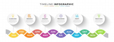 12 months timeline infographic design with 6 steps clipart