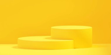 Boş oda iç tasarımı ya da boş duruşu olan canlı arkaplanda sarı kaide görüntüsü. Ürün sergilemek için boş büfe. 3B görüntüleme.