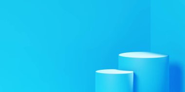 Mavi ürün arkaplan standı ya da reklam ekranında podyum kaidesi boş arkaplan. 3B görüntüleme.