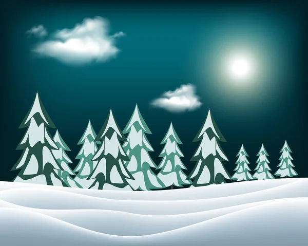 雪に覆われた丘 リボンバナーと冬のクリスマスの風景ベクトルの背景 — ストックベクタ