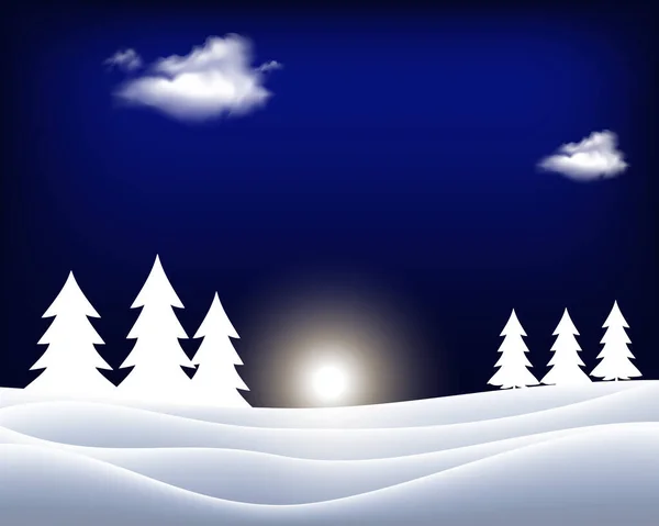 雪に覆われた丘 リボンバナーと冬のクリスマスの風景ベクトルの背景 — ストックベクタ