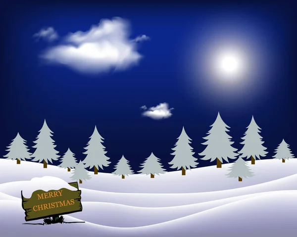 ベクトルの図 幸せな休日とフォア グラウンドの上の松の手レタリングとブルーマウンテン雪に覆われた冬の風景 — ストックベクタ