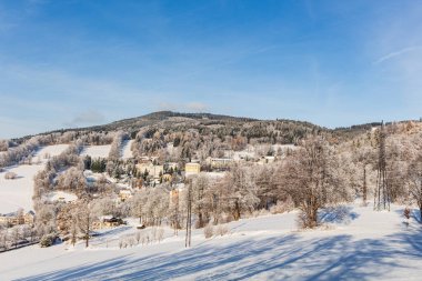 Karla kaplı ağaçlarla kaplı güzel kış manzarası