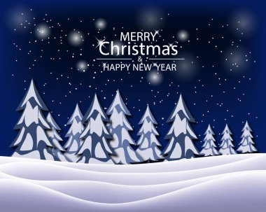 Mutlu noeller. Kar yığınları ve karlı köknar ağaçları ile kış tatili manzarası. Vektör 3 boyutlu illüstrasyon. Mevsimlik doğa geçmişi. Buz gibi kar tepeleri.