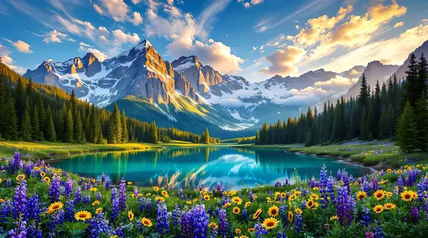 Yeşil tarlaları ve mavi bulutlu gökyüzünün altında vahşi laleleri olan güzel bir manzara. Sinirsel ağ yapay zeka tarafından oluşturulan sanat