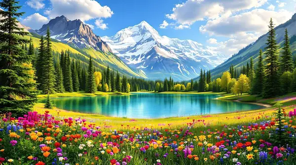 Yeşil tarlaları ve mavi bulutlu gökyüzünün altında vahşi laleleri olan güzel bir manzara. Sinirsel ağ yapay zeka tarafından oluşturulan sanat